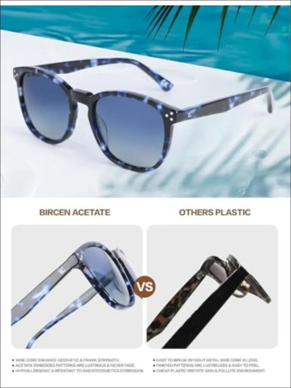 Polarized Sunglasses for Women Square Acetate Frame UV Protection